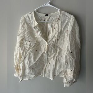 White Button-Up Blouse with Floral Embroidery